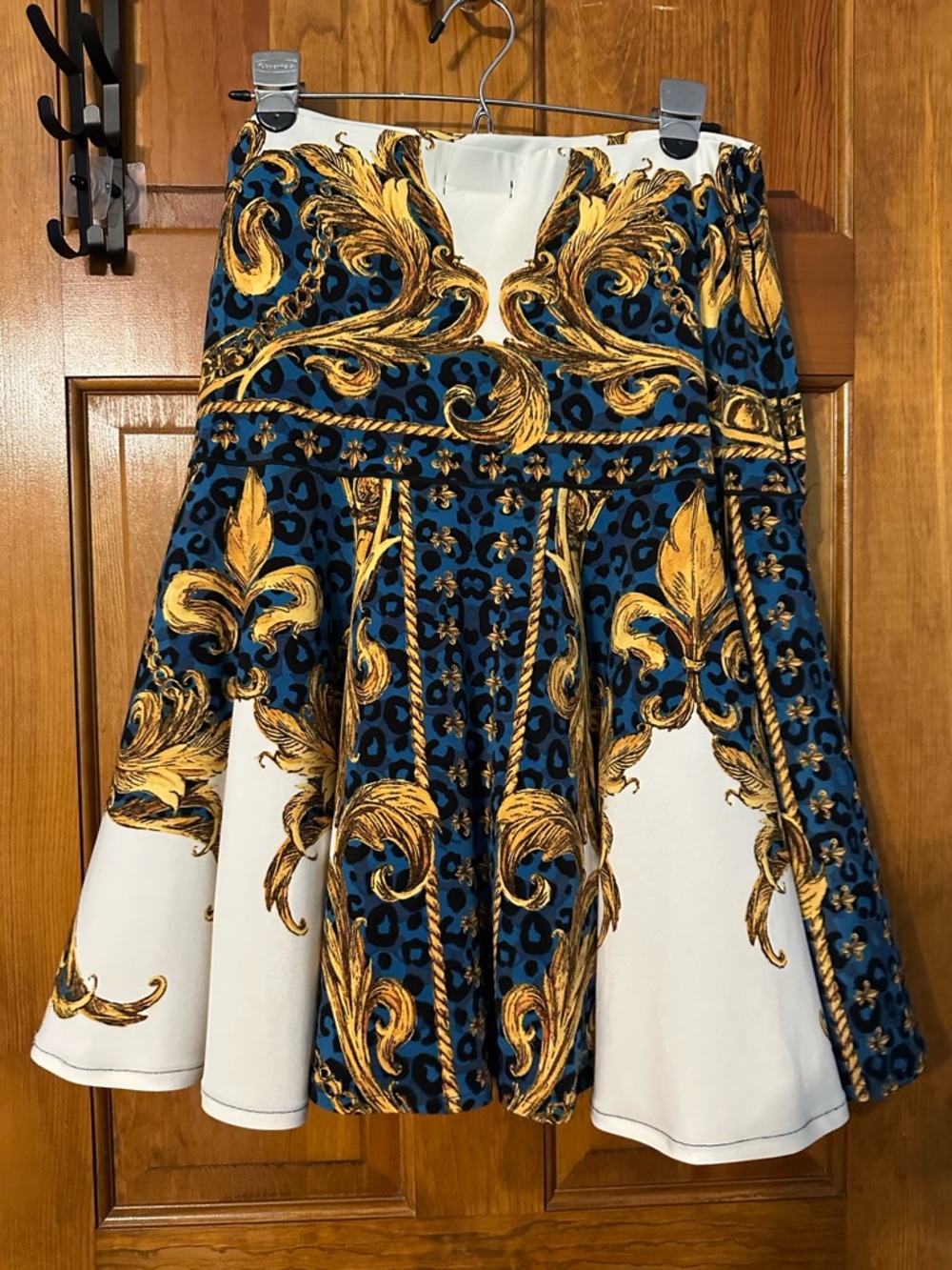eva varro Blue, Gold and White Baroque Print Midi Skirt